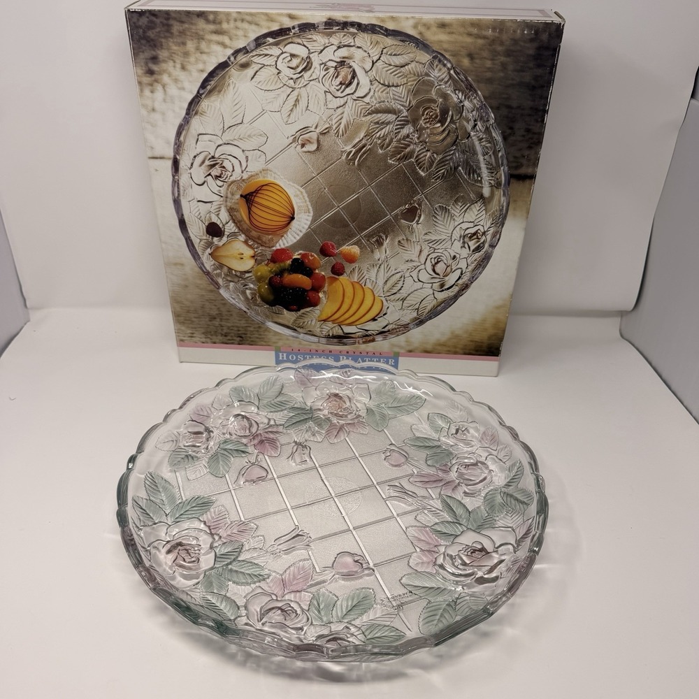 Vintage Home Beautiful Crystal Rose Pearls‎ 14" Hostess Platter Japan NOS Box